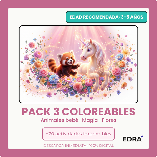 Pack Coloreables Niñas 3-5 años · Animales · Flores · Magia