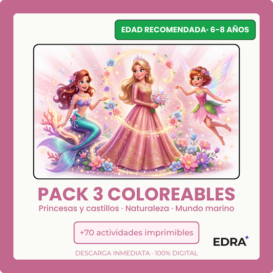 Pack Coloreables Niñas 6-8 años · Mundo marino · Naturaleza · Princesas