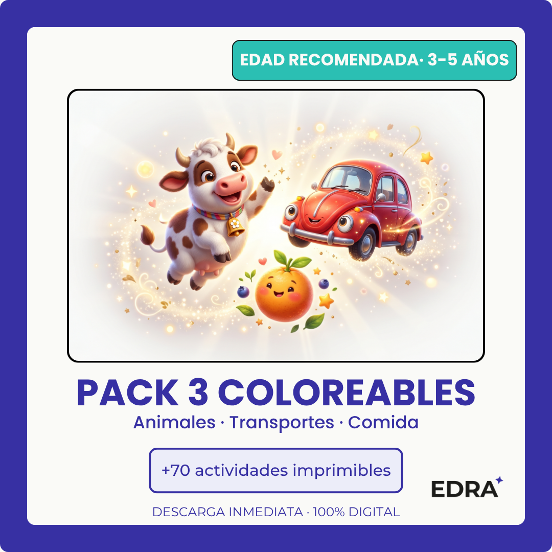 Pack Coloreables Niños 3-5 años · Animales · Comida · Transportes