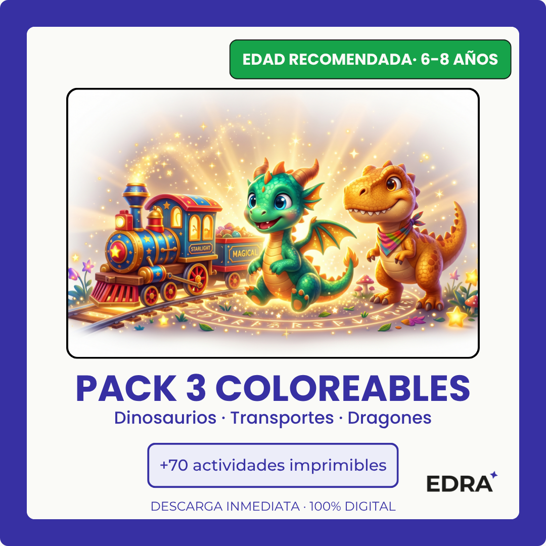 Pack Coloreables Niños 6-8 años · Dinosaurios · Dragones · Transportes