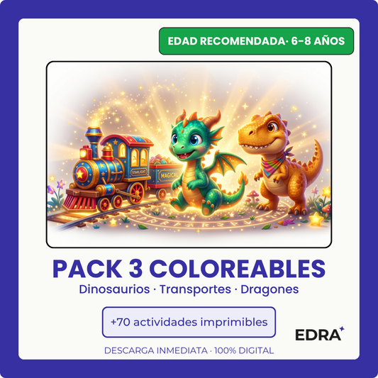 Pack Coloreables Niños 6-8 años · Dinosaurios · Dragones · Transportes