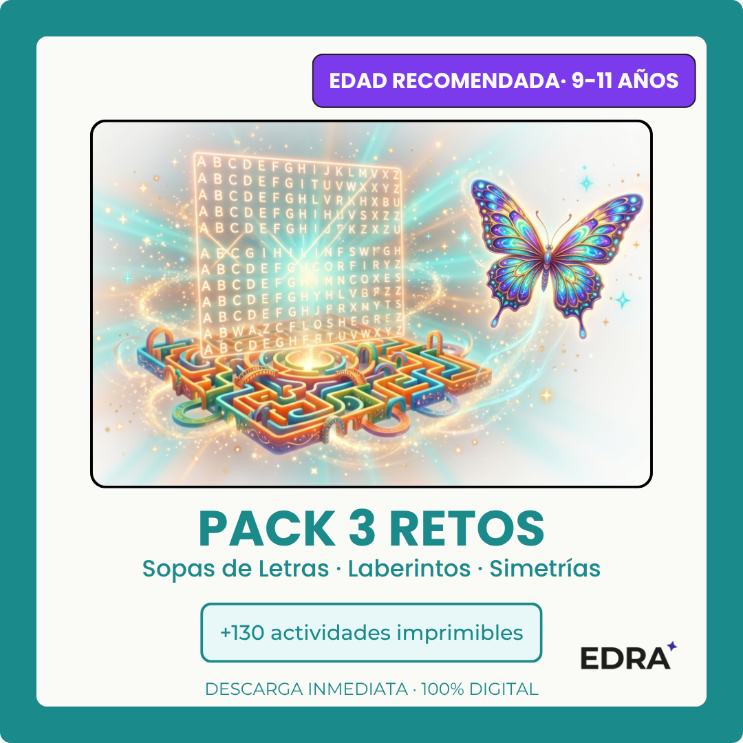 Pack Retos Mentales 9-11 años · Sopas · Laberintos · Simetría